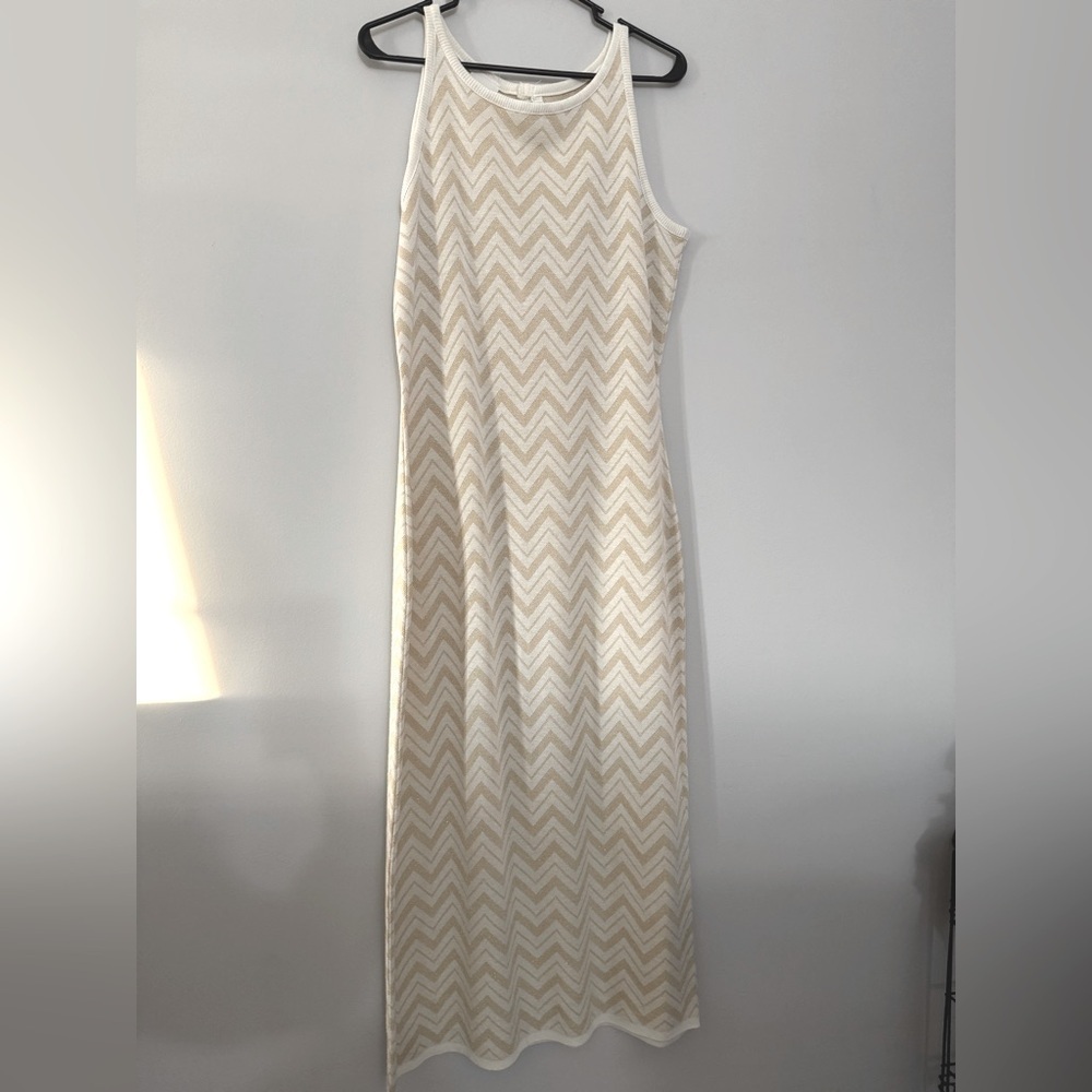 VTG NewPort News Maxi Dress Rayon Striped Gold Cream Beige Pattern Size M L Soft
